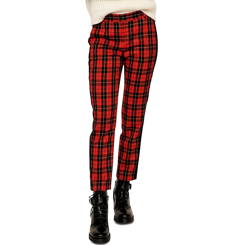 Maje Pantya Red Black Tartan Plaid Trousers Velvet Piped Cropped Size 36 US 4